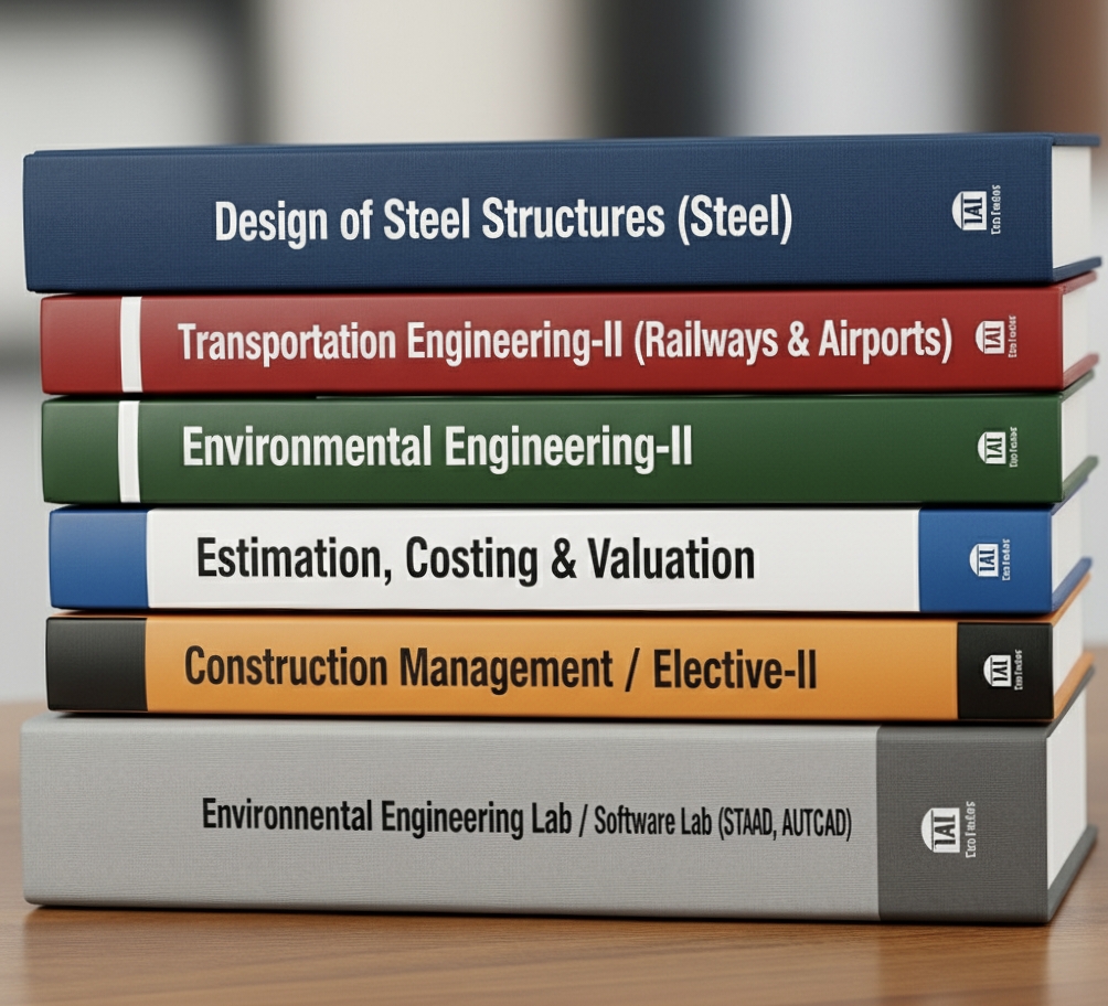 Design of Steel Structures (Steel)
2 Transportation Engineering-II (Railways & Airports)
3 Environmental Engineering-II
4 Estimation, Costing & Valuation
5 Construction Management / Elective-II
6 Environmental Engineering Lab / Software Lab (STAAD, AutoCAD)
