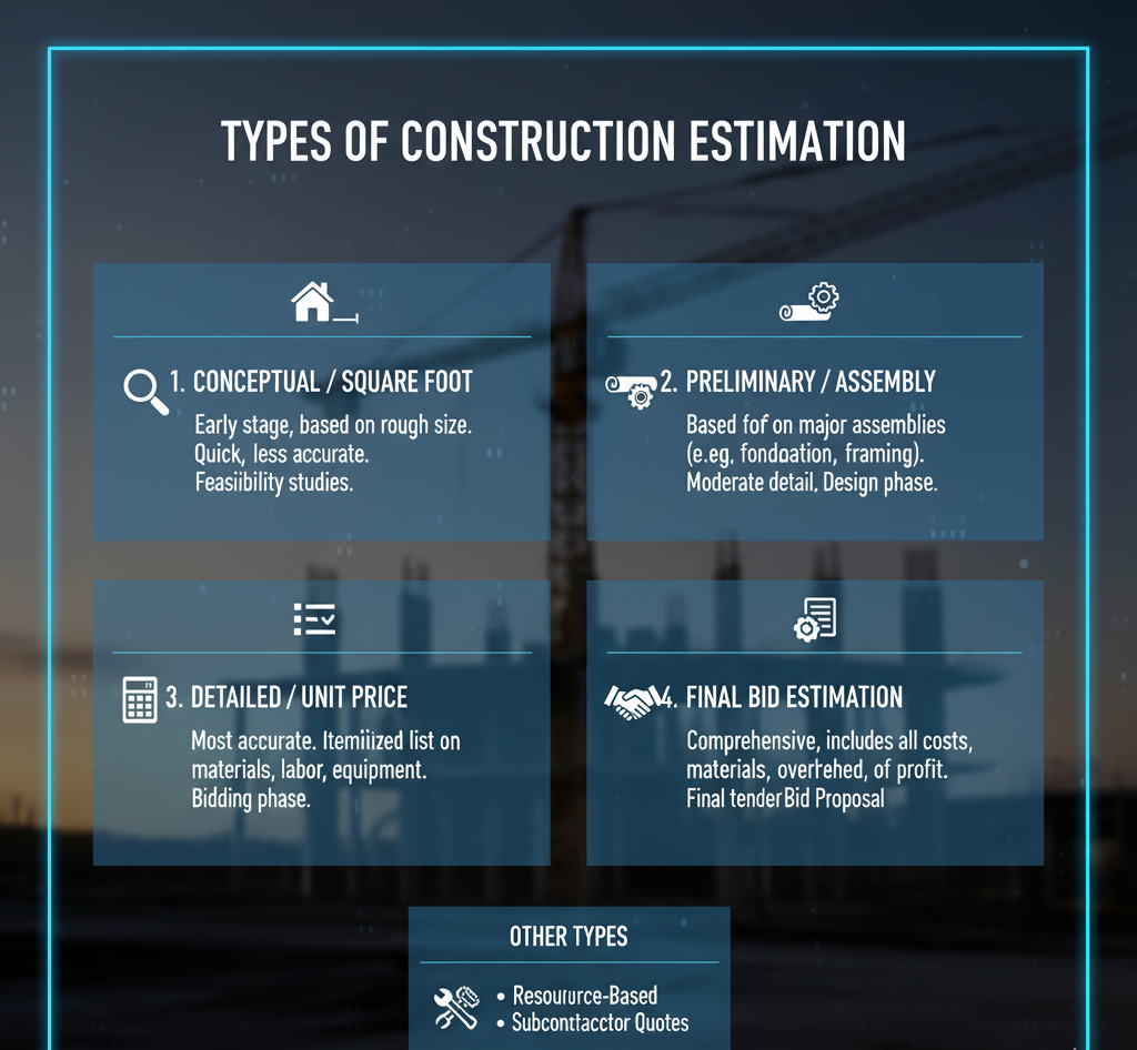 कन्स्ट्रक्शन estimation के कितने प्रकार होते है